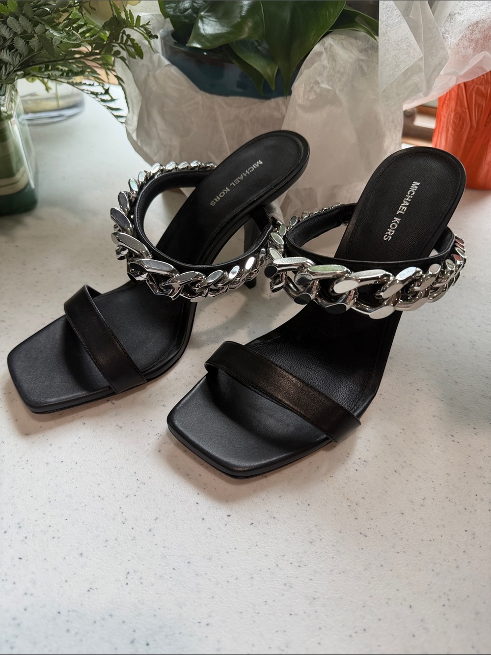 NIB Michael Kors Black Leather Chain-Trim Heeled Slide Sandals